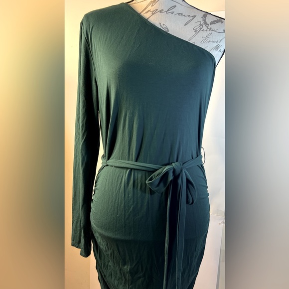Women’s green bodycon maxi dress, long sleeve one shoulder side rouching size XL - Picture 2 of 7
